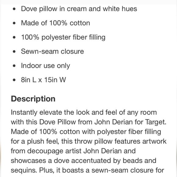 John Derian 15”x8” Dove Bird Of Peace Xmas Pillow NWT - Picture 3 of 5